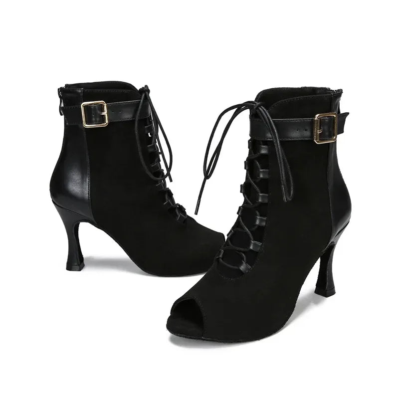 Black Hollow Latin Dance Shoes High Heels Soft Sole Lace Up Indoor Dancing Boots Modern Jazz Big Size Dance Shoes for Women 2025