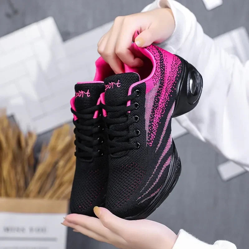 Black Jazz Dance Sneakers Women Breathable Mesh Lace Up Dancing Practice Shoes Cushioning Lightweight Trainers Hot Sale