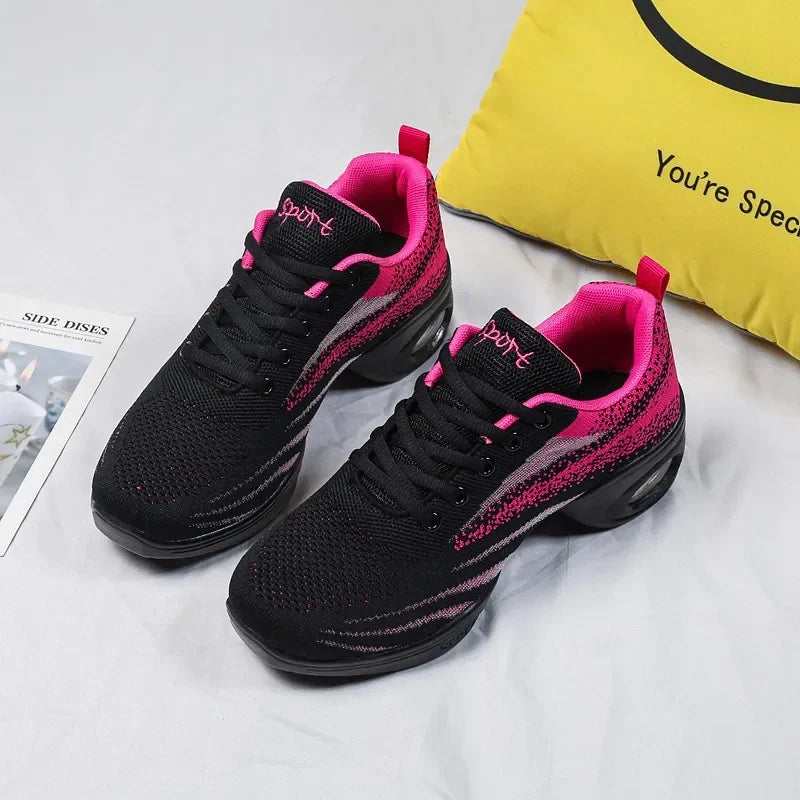 Black Jazz Dance Sneakers Women Breathable Mesh Lace Up Dancing Practice Shoes Cushioning Lightweight Trainers Hot Sale