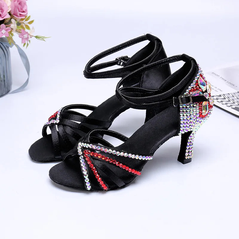 Black Latin Dance Shoes Diamond-encrusted Satin Women High-heeled Wedding Ballroom Performance Sandals for Adults Hot Sale