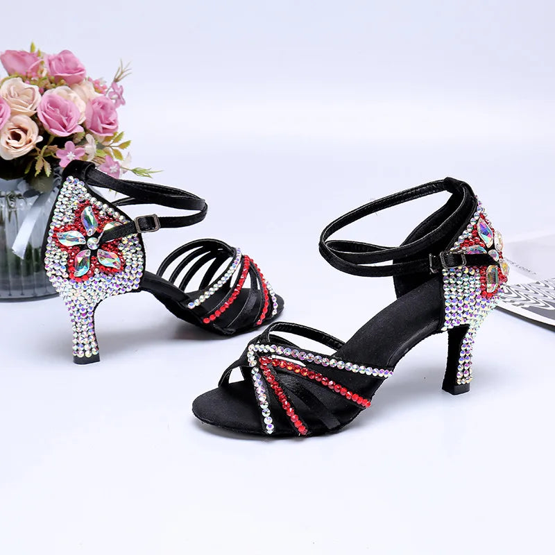 Black Latin Dance Shoes Diamond-encrusted Satin Women High-heeled Wedding Ballroom Performance Sandals for Adults Hot Sale