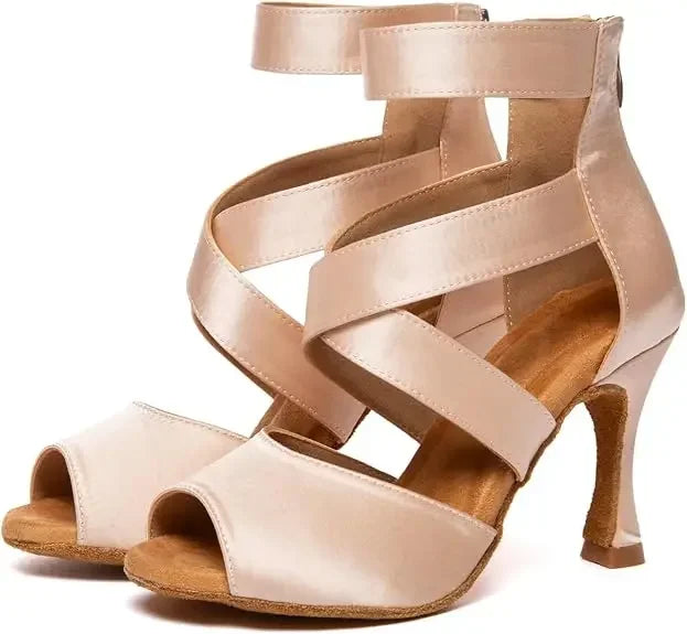 Black Latin Dance Shoes for Women Professional Satin Soft Sole Hight Heel Dancing Ballroom Salsa Tango Boots Show Competition