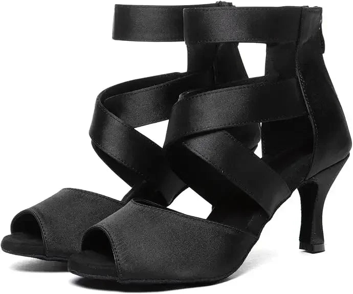 Black Latin Dance Shoes for Women Professional Satin Soft Sole Hight Heel Dancing Ballroom Salsa Tango Boots Show Competition