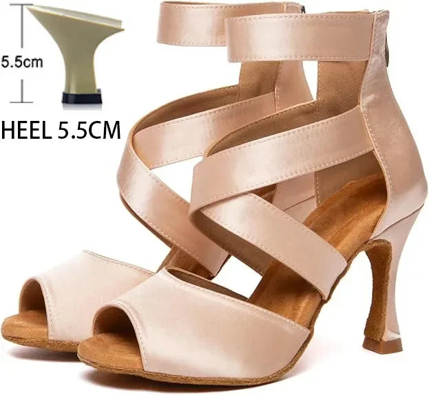 Black Latin Dance Shoes for Women Professional Satin Soft Sole Hight Heel Dancing Ballroom Salsa Tango Boots Show Competition