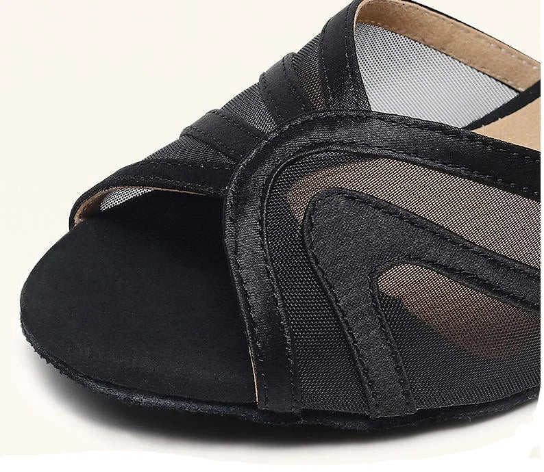 Black Mesh Latin Dance Shoes Hollow Breathable Indoor Dance Training High-heeled Sandals Tango Jazz Party Ballroom Performance