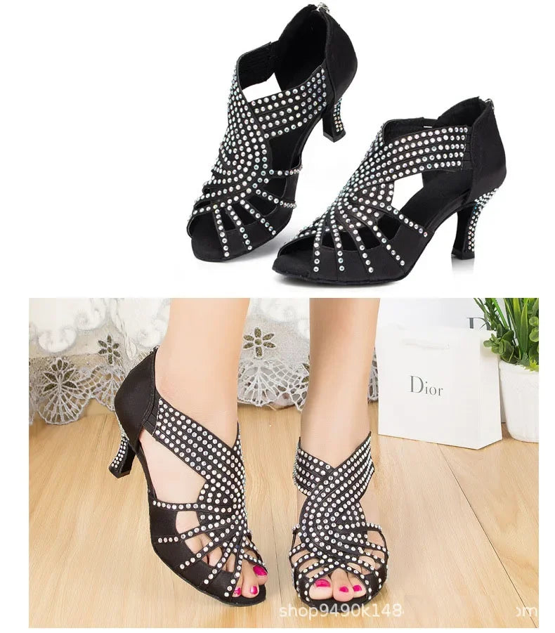 Black Set Auger Latin Dance Shoes Ballroom Performances Indoor for Women High Heel Jazz Soft Bottom Modern Sandals Hot Sale