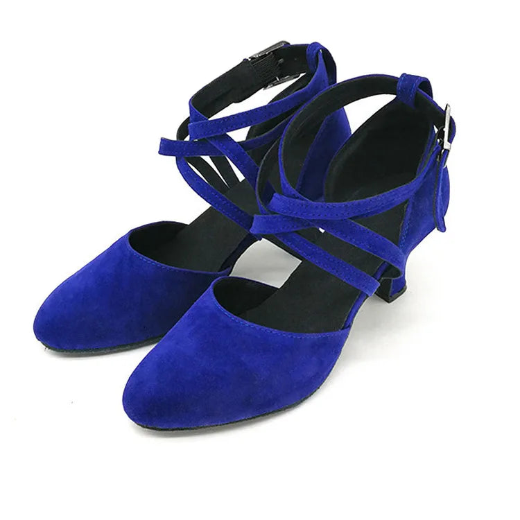Blue Latin Dance Shoes for Women Party Ballroom Performance Soft Sole Jazz Dance Shoes Strap Suede High Heel 5.5cm Sandals 2025