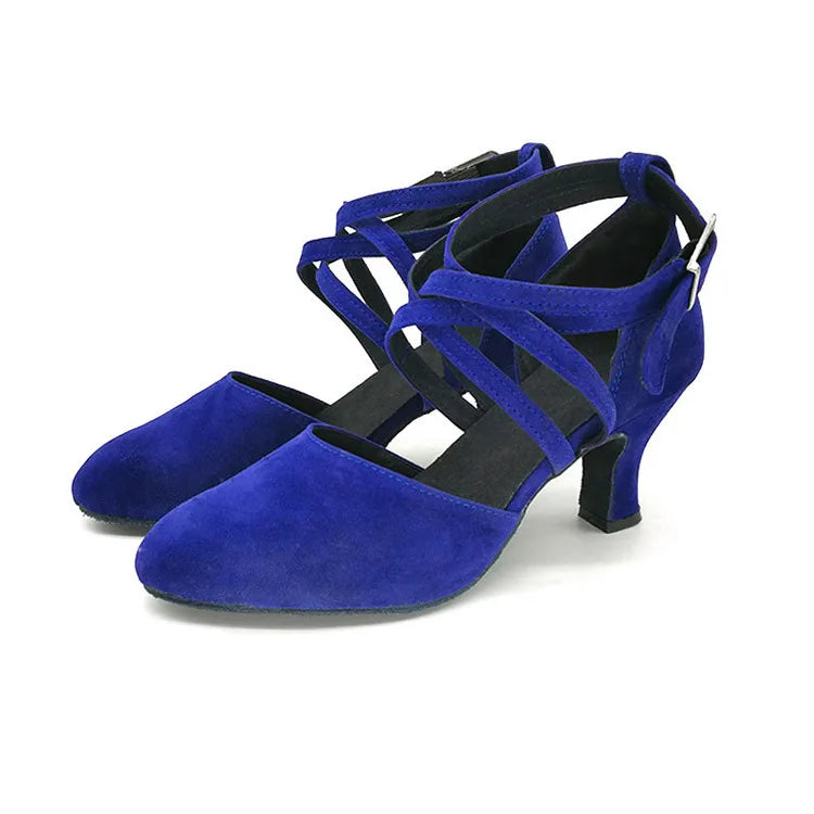 Blue Latin Dance Shoes for Women Party Ballroom Performance Soft Sole Jazz Dance Shoes Strap Suede High Heel 5.5cm Sandals 2025