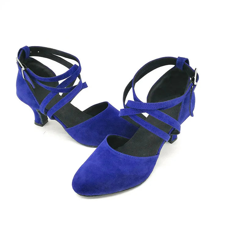 Blue Latin Dance Shoes for Women Party Ballroom Performance Soft Sole Jazz Dance Shoes Strap Suede High Heel 5.5cm Sandals 2025