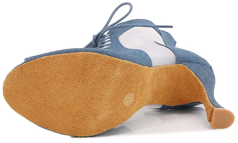 Denim Latin Dance Shoes for Adult Women Mesh Hollow Out Sandals Modern Jazz Dance Boots Soft Sole Indoor Fish Mouth Dance Boots