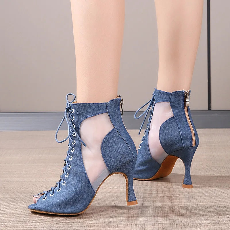 Denim Latin Dance Shoes for Adult Women Mesh Hollow Out Sandals Modern Jazz Dance Boots Soft Sole Indoor Fish Mouth Dance Boots