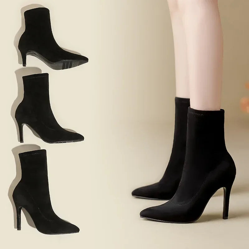 Hard Soled Jazz Dance Booties Women's Rubber Soles Pointed Black High Heels Elastic Ballroom Latin Tango Modern Dance Boots