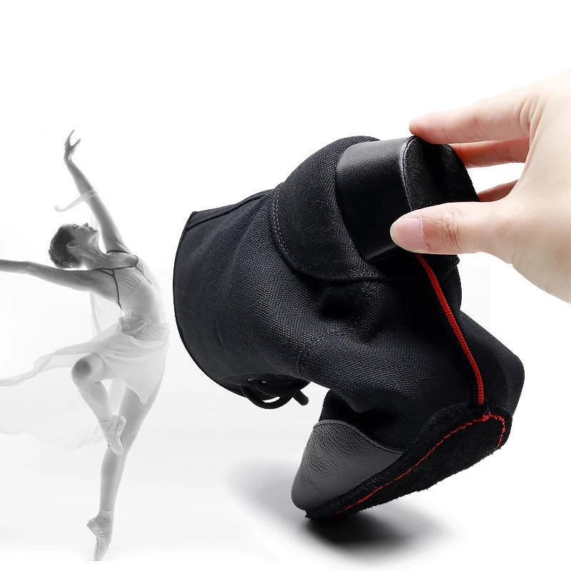 Jazz Dance Boots High-bone Lace-up Latin Modern High-heeled 3.5cm Genuine Leather Cowhide Canvas Soft-soled Shoes Hot Sale