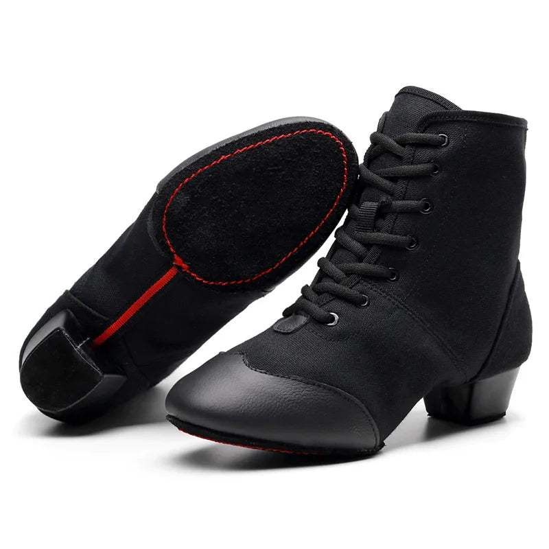 Jazz Dance Boots High-bone Lace-up Latin Modern High-heeled 3.5cm Genuine Leather Cowhide Canvas Soft-soled Shoes Hot Sale