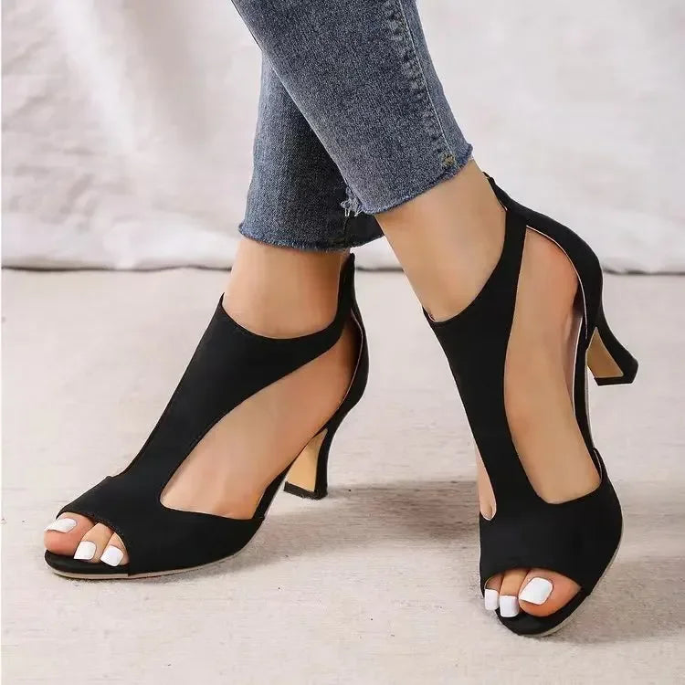Large Size Black Latin Dance Shoes for Women Rubber Hard Sole Back Zipper Hollow 2025 Summer Samba Jazz Tango Modern Dance Shoes