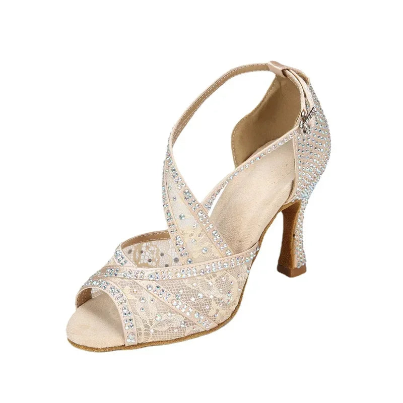 Mesh Breathable Latin Dance Shoes High Heel Diamond 2025 Summer Sandals Indoor Soft Bottom Jazz Tango Sasa Hot Sale for Women