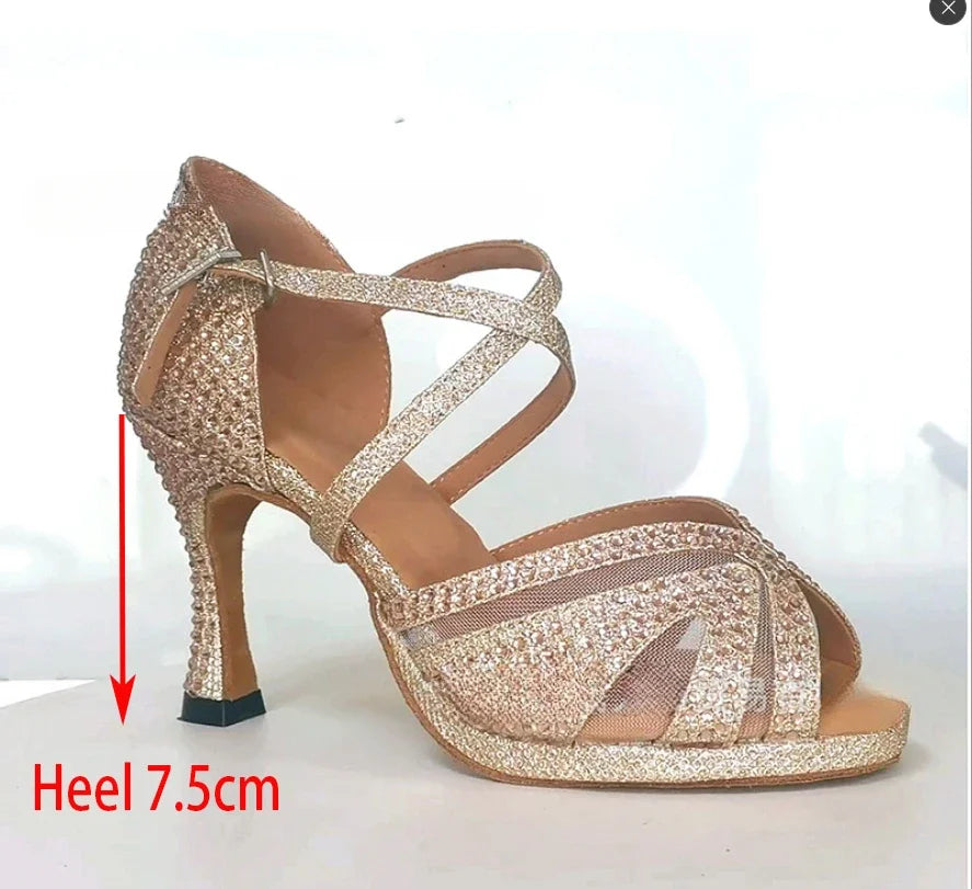 Professional Latin Dance Shoes Women Waterproof Table Diamond Inlay High Heel Fashionable Training Dance Shoes Soft Soled Sandal