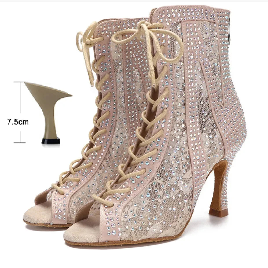 Rhinestone Top Grade Latin Dance Boots Tango Pole Dance Shoes for Women Sexy Jazz Boots Professional Ballroom Mesh High Heels