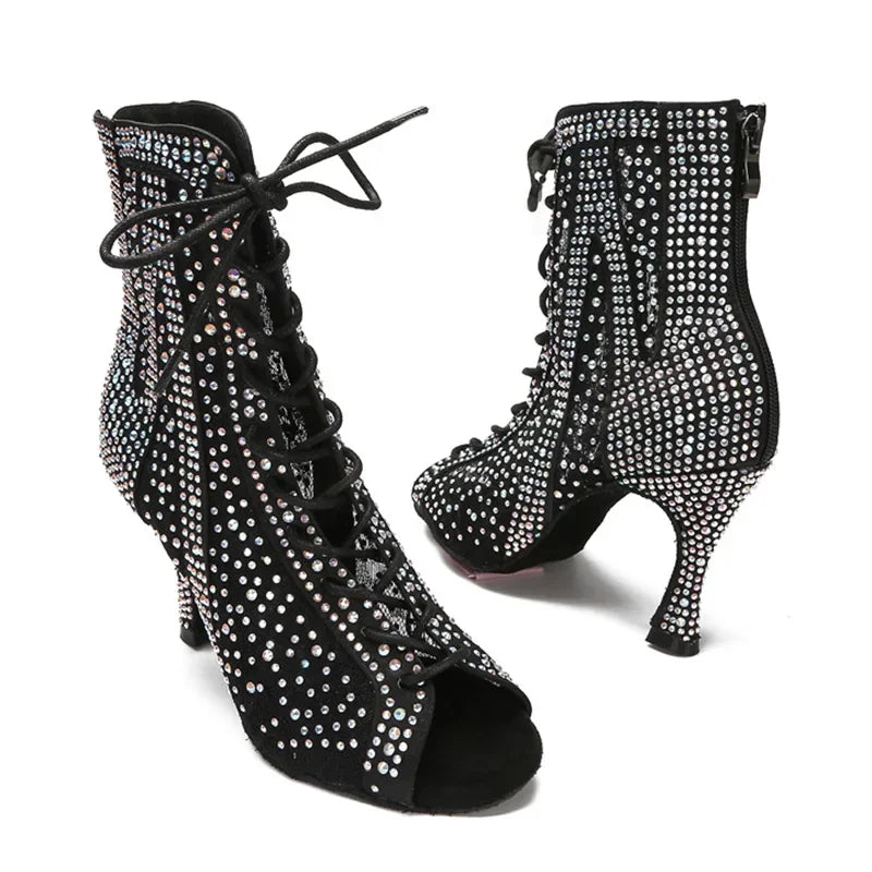 Rhinestone Top Grade Latin Dance Boots Tango Pole Dance Shoes for Women Sexy Jazz Boots Professional Ballroom Mesh High Heels