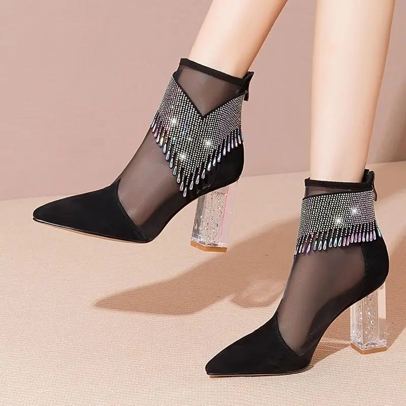 Rubber Soled Dance Boots Women 2025 Summer Pointy Rhine-diamond Tassel High Heel Mesh Latin Jazz Modern Dance Shoes Stage Show