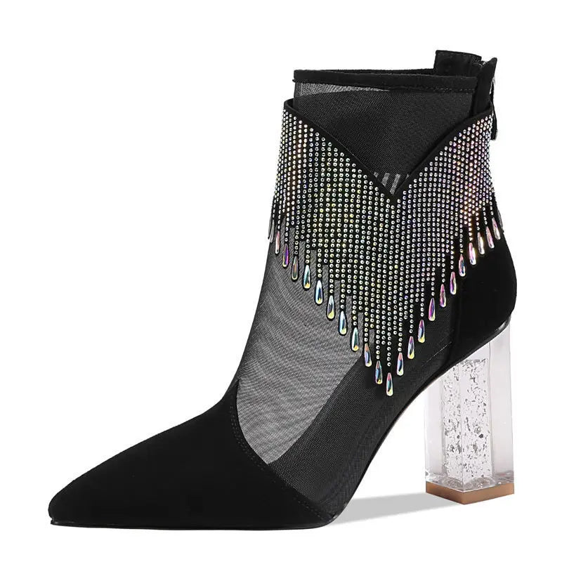 Rubber Soled Dance Boots Women 2025 Summer Pointy Rhine-diamond Tassel High Heel Mesh Latin Jazz Modern Dance Shoes Stage Show
