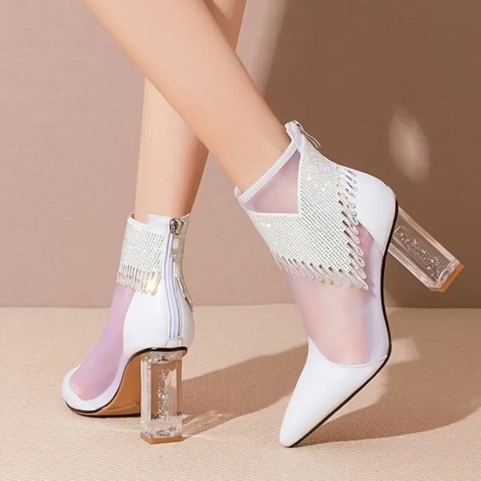 Rubber Soled Dance Boots Women 2025 Summer Pointy Rhine-diamond Tassel High Heel Mesh Latin Jazz Modern Dance Shoes Stage Show