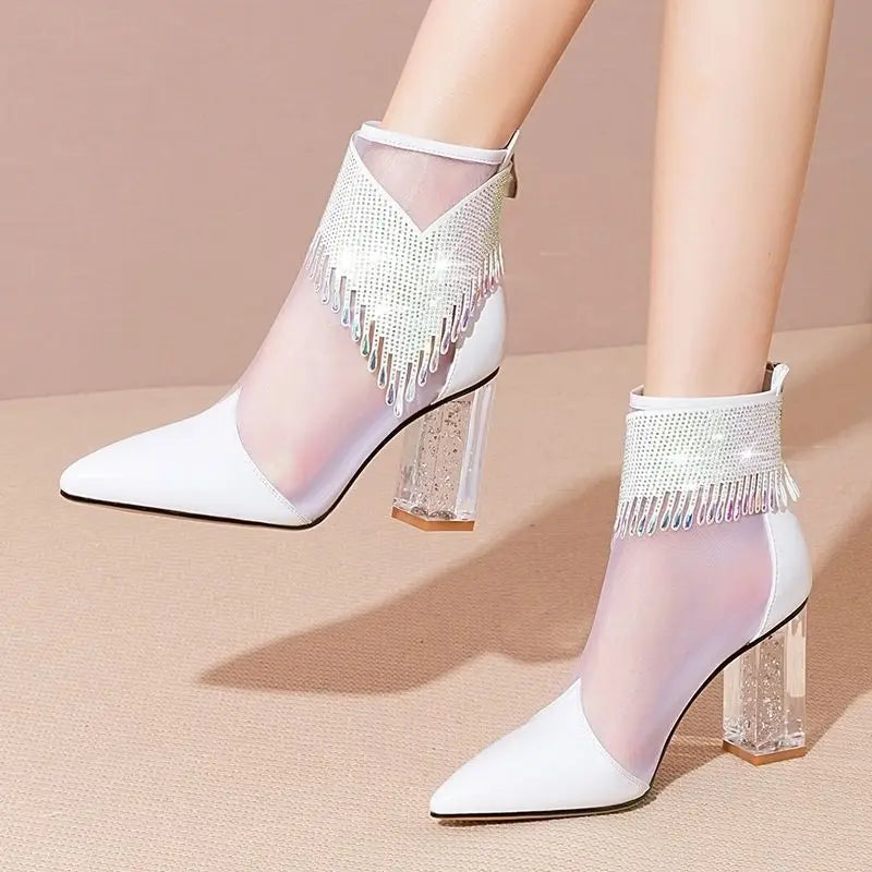 Rubber Soled Dance Boots Women 2025 Summer Pointy Rhine-diamond Tassel High Heel Mesh Latin Jazz Modern Dance Shoes Stage Show
