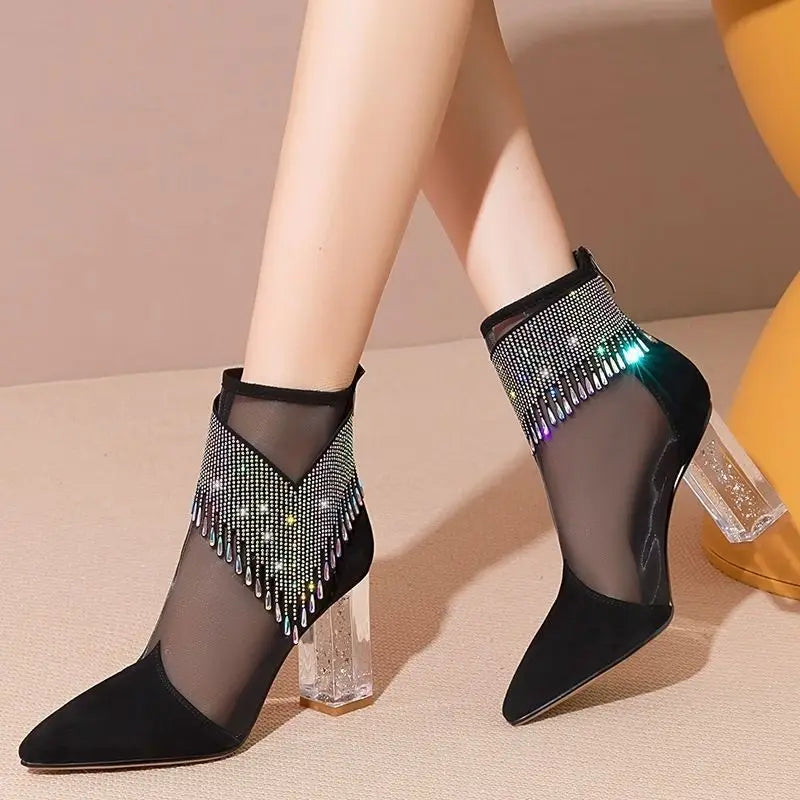 Rubber Soled Dance Boots Women 2025 Summer Pointy Rhine-diamond Tassel High Heel Mesh Latin Jazz Modern Dance Shoes Stage Show