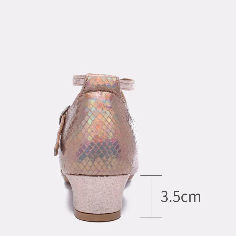 Child Latin Dance Shoes for Girls Indoor Soft Sole Jazz Tango High Heel Gold Sandals Stage Performance Dance Practice