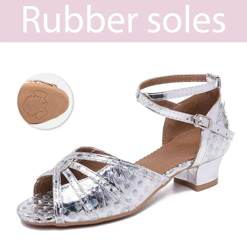 Child Latin Dance Shoes for Girls Indoor Soft Sole Jazz Tango High Heel Gold Sandals Stage Performance Dance Practice