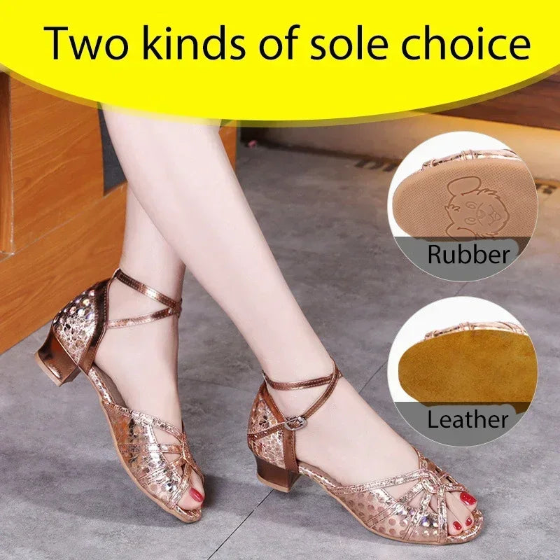 Child Latin Dance Shoes for Girls Indoor Soft Sole Jazz Tango High Heel Gold Sandals Stage Performance Dance Practice