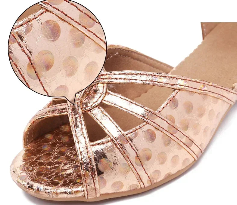 Child Latin Dance Shoes for Girls Indoor Soft Sole Jazz Tango High Heel Gold Sandals Stage Performance Dance Practice